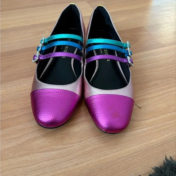 Kurt Geiger Women's Pink and Teal Mary Jane Flats - Picture 4 of 5
